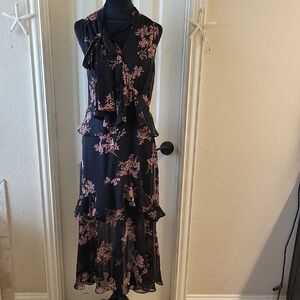 Black And Floral Print Layered Sheer Overlay Maxi Dress